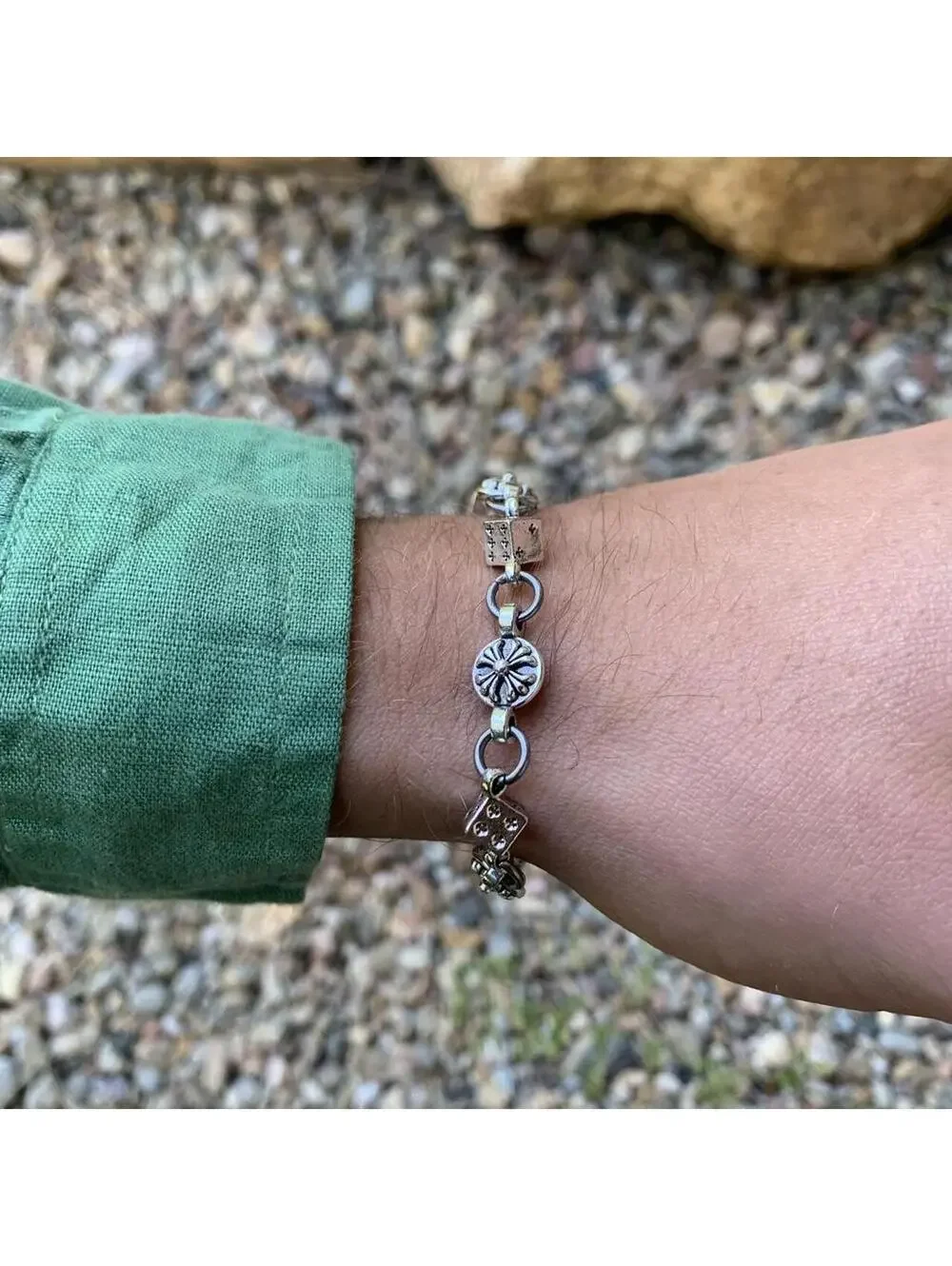 Y2k style grunge dice and gothic cross pendant silver punk bracelet. Comes new